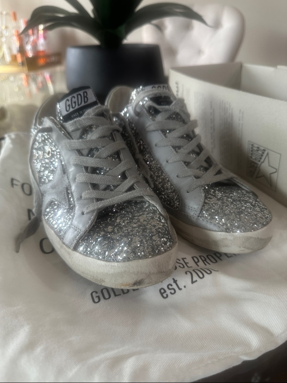 Golden Goose Silver Glitter Low-Top Sneakers Size 39 Worn Once! - Picture 2 of 7